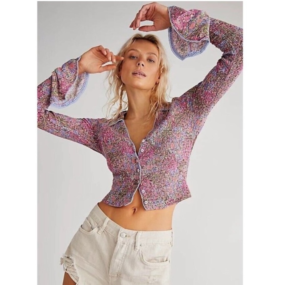 Free People Multicolor Knit Button-Down Top - Pink & Purple